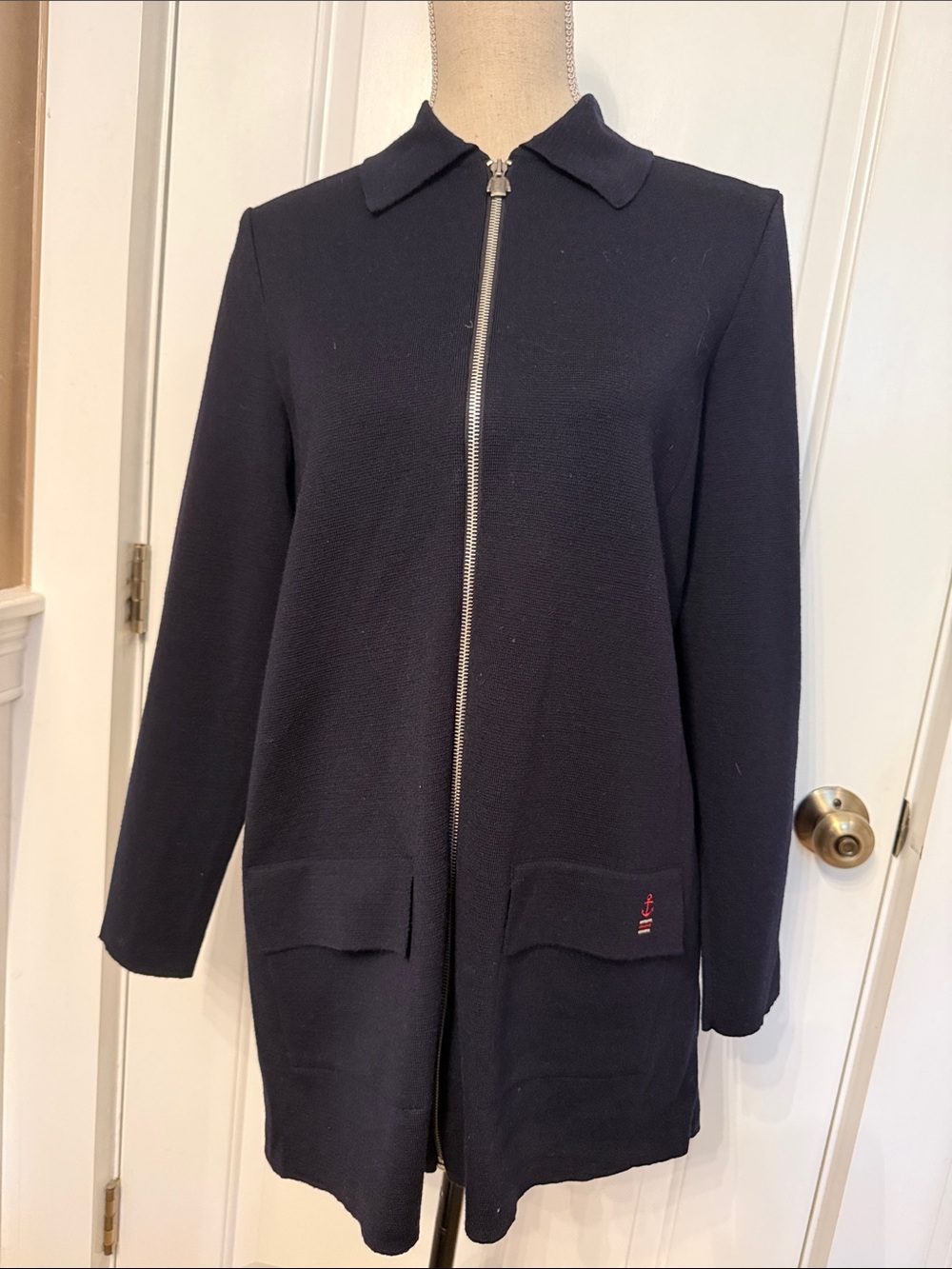 SAINT JAMES SWEATER CARDIGAN NAVY BLUE ZIPPER FRONT POCKETS HIP LENGTH SIZE 8